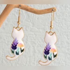 White cat floral earrings unique Spring Summer Cat Lover Gift Catcore